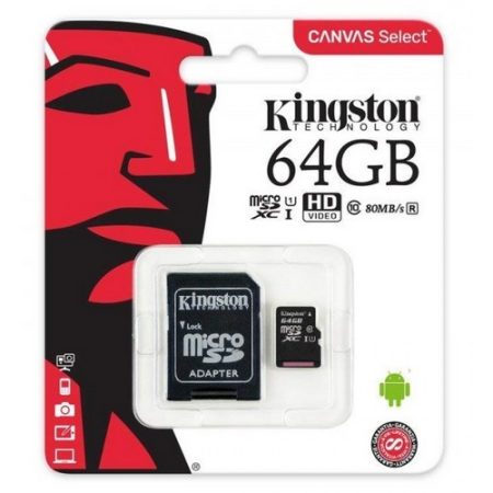 Kingston 64GB MicroSDXC CL10 memóriakártya + SD adapter