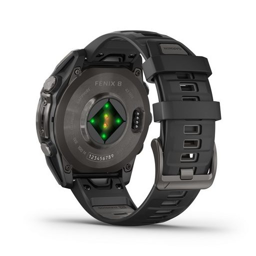 Garmin Fenix 8 AMOLED 47mm Sapphire Karbonszürke DLC Titánium Fekete/Sötétszürke szilikon szíj 
