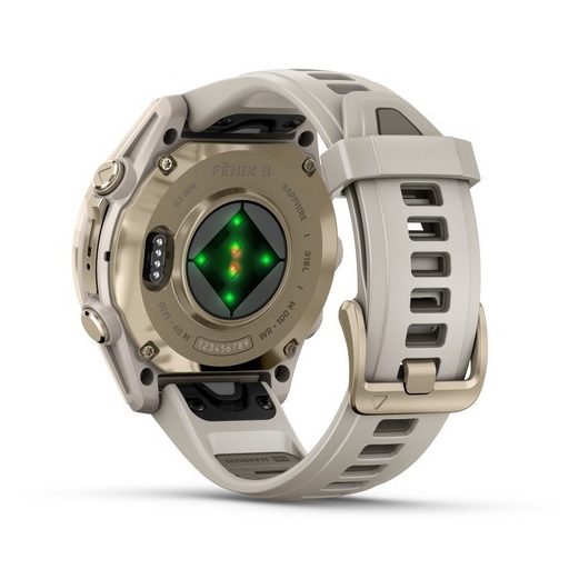 Garmin Fenix 8 AMOLED 43mm Sapphire Krémarany Homokkő/Szürke szilikon szíj 