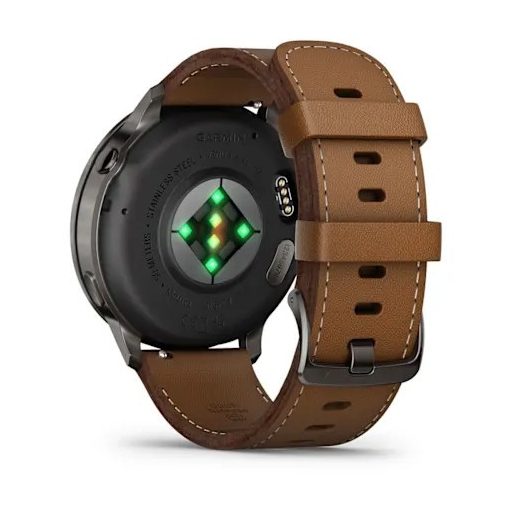 Garmin Venu 4 45mm Sötétszürke / Fekete szilikon- és Barna bőrszíj